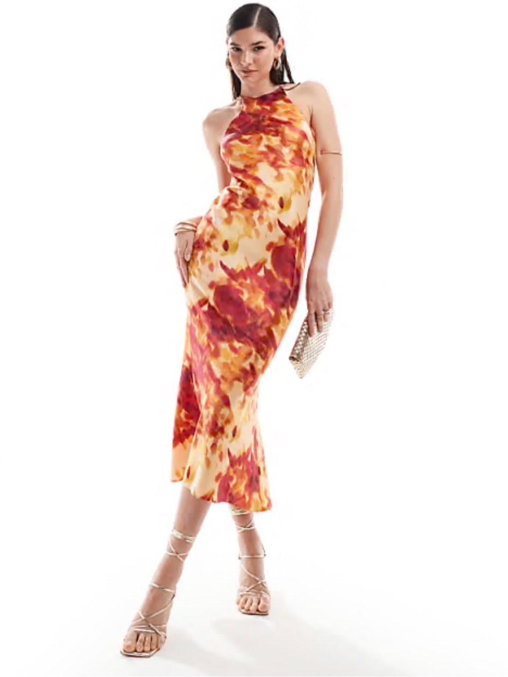 ASOS Abstract Print Halter Maxi Dress in Red, Orange and Gold Tones